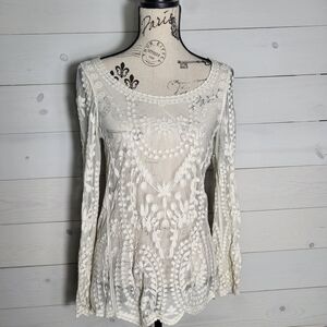 Women's Top Lace Floral Mesh Blouse BOHO Cottagecore.